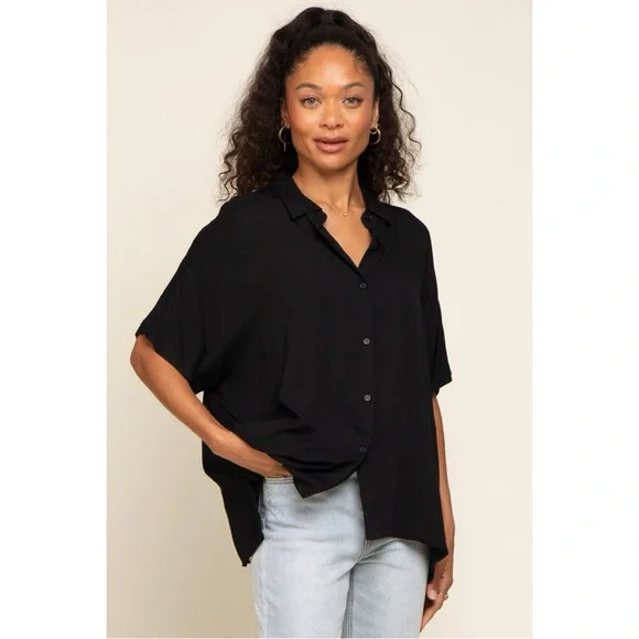Vine & Love Black Button Up Dolman Short Sleeve Maternity Top - Picture 7 of 17